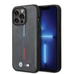 BMW-IPHONE 14 PRO MAX - PU LEATHER GREY M COLLECTION QUILTED PU CASE WITH HOT STAMPED TRICOLOR STRIPE AND METAL LOGOS