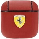 CG Mobile Ferrari PC Leather Case With Yellow Shield Metal Logo For Airpods 1/2 - Red