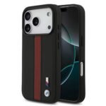 BMW PU Leather Case with Perforated Stripes & Metal Logos Slim Profile Compatible with MagSafe System Easy Snap On Made for iPhone 17 Pro Black Red