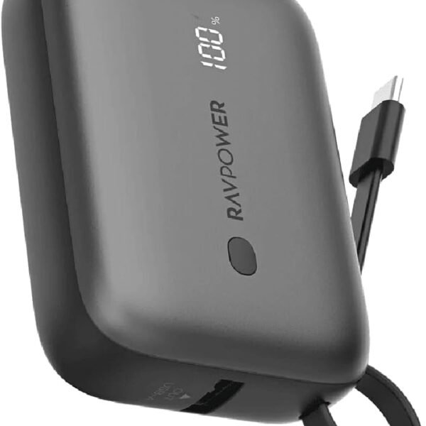 RAVPower Power Bank 10000mAh 20W PD Build-in USB-C Cable Black