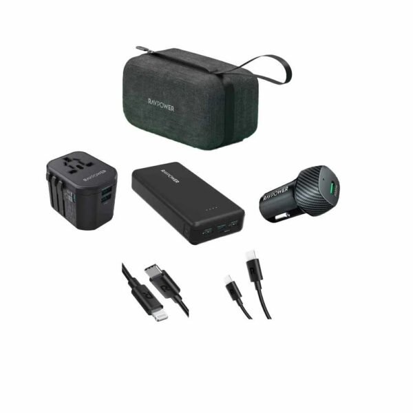 RAVPOWER 20000 mAh 5-in-1 Travel Charging Combo Power Bank 20W 3-Port Travel Charger Car Charger 2 Charging Cable Black