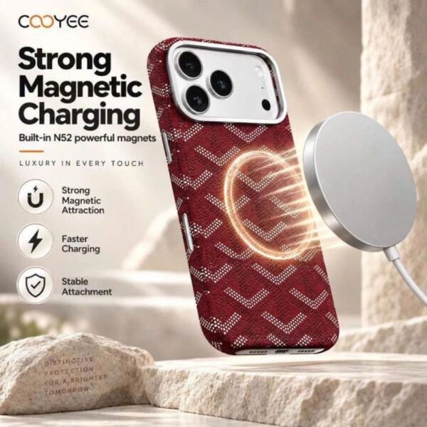 Cooyee 18 Pro Max Grain Leather Magnetic PU Leather Case for iPhone Metal Camera Bezel, MagSafe Support Red