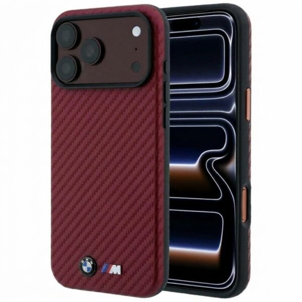 BMW M Carbon Metal Logo MagSafe Case for iPhone 17 Pro Max / 18 Pro Max Burgundy