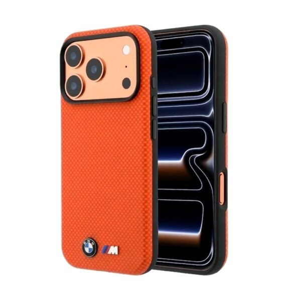 BMW iPhone 17/18 Pro MagSafe Case in PU Kevlar with Metal Logos - Orange